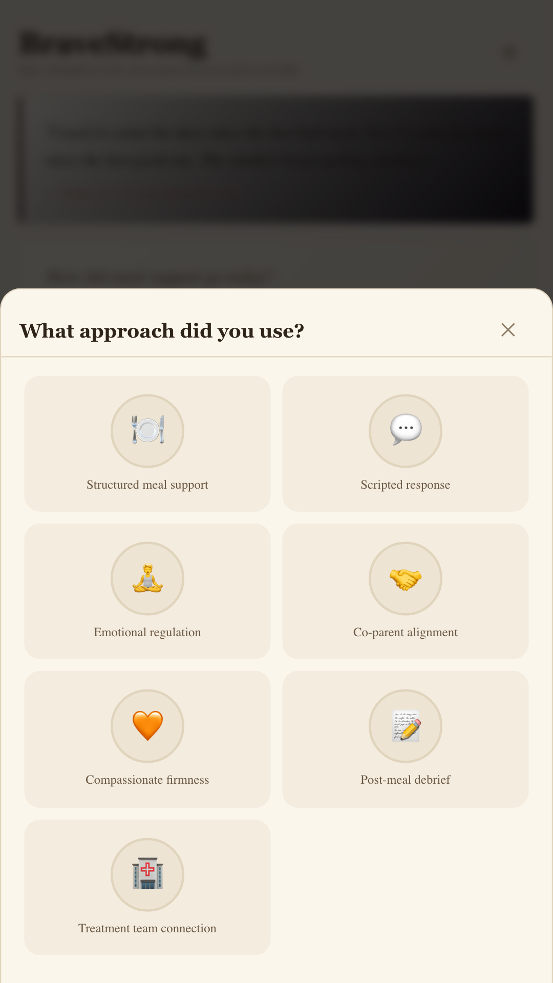 BraveStrong daily log screen with sliders for meal support, alignment and caregiver capacity