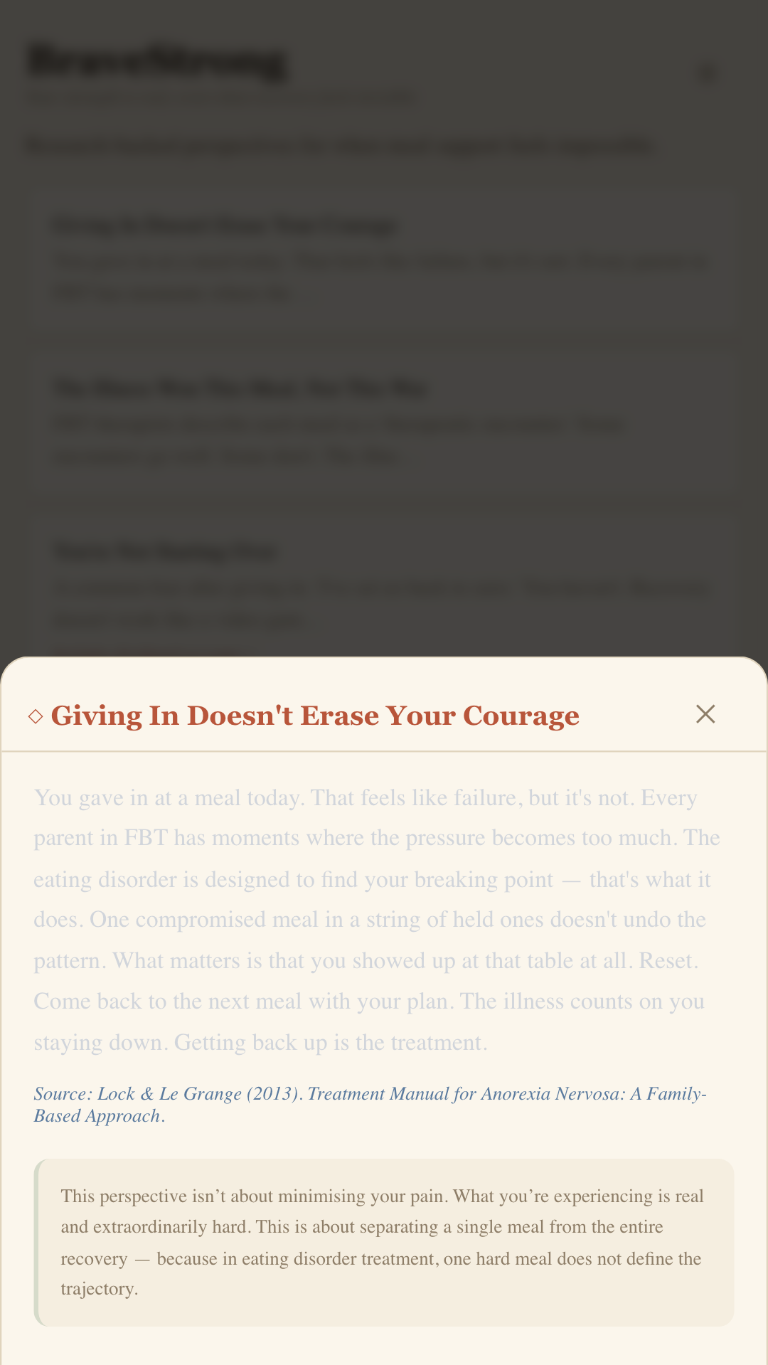 BraveStrong Perspective Shift screen showing a research-backed reframe for a parent in FBT