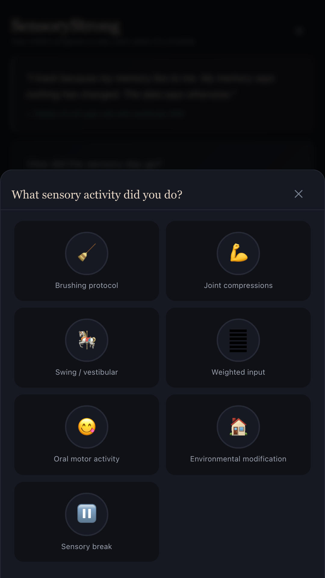 SensoryStrong daily log screen with sliders for sensory load, tolerance and meltdown count