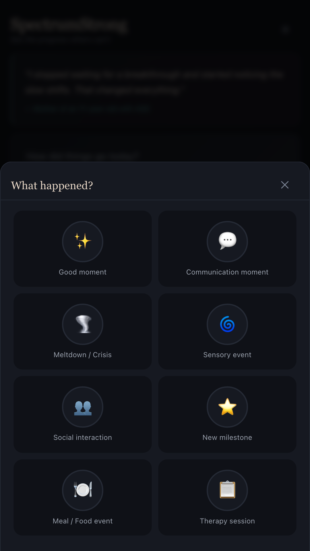 SpectrumStrong daily log screen with sliders for regulation, routine and parent load