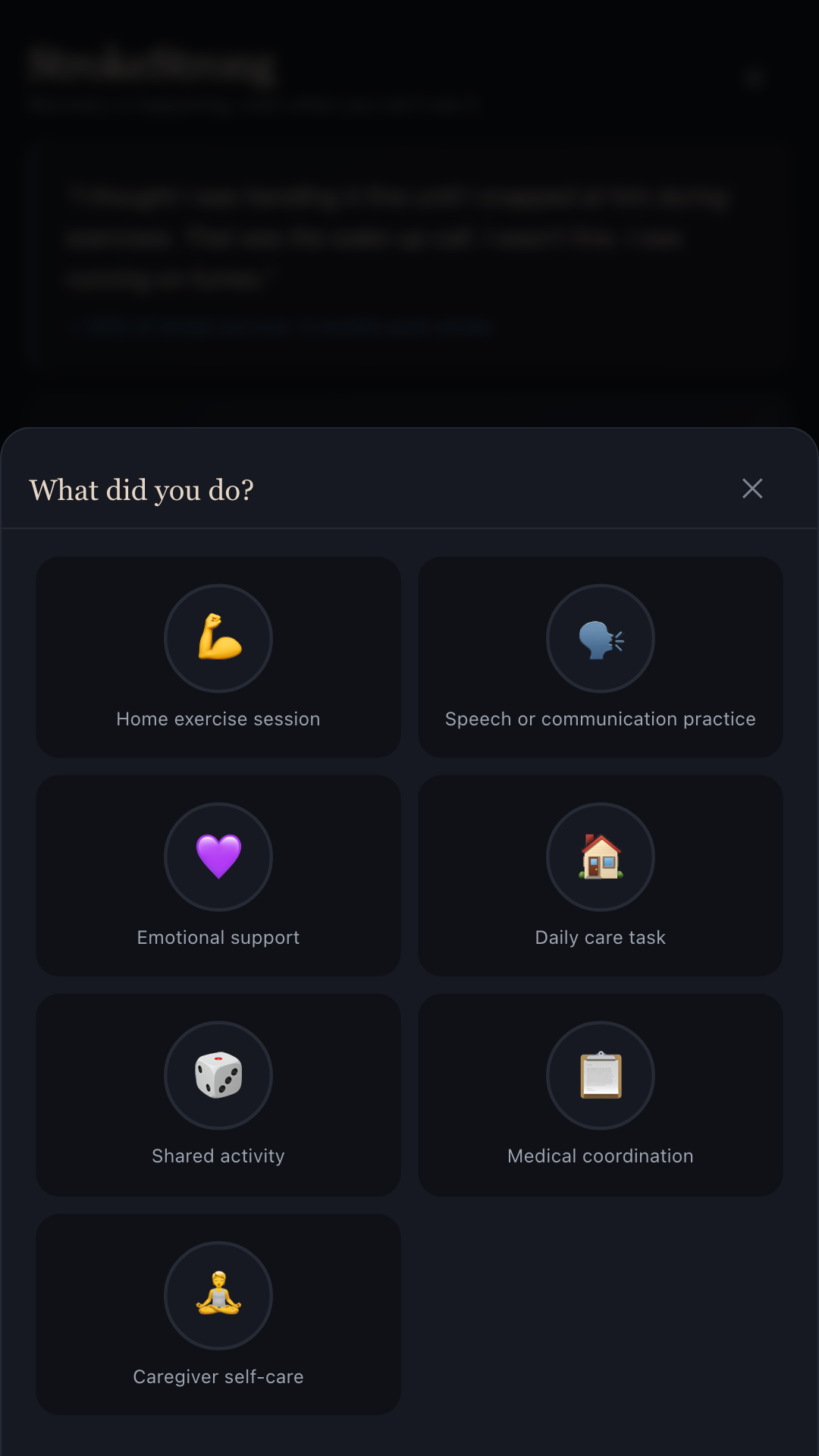 StrokeStrong daily log screen with sliders for motor, speech, mood and caregiver load